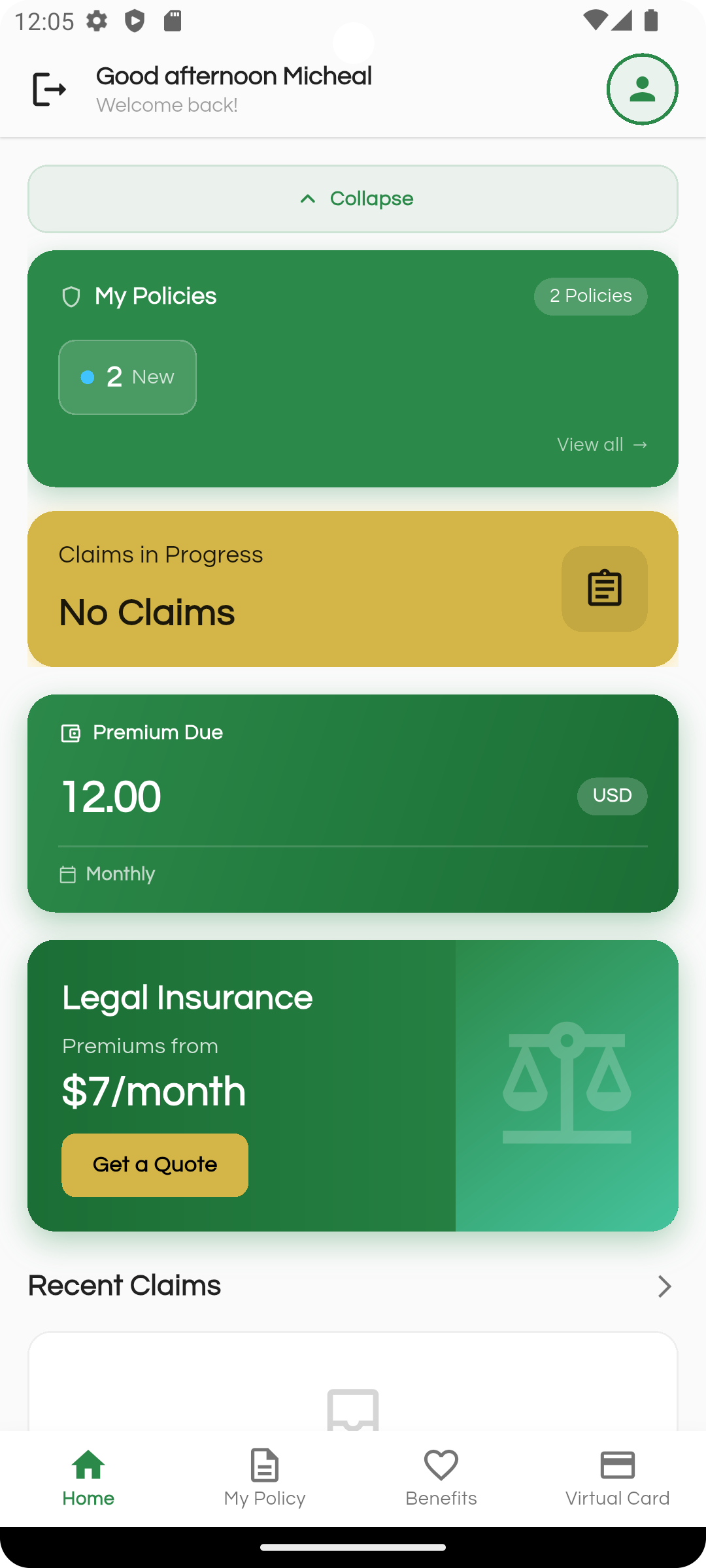 My Coverlink member dashboard showing policies, claims, and premium information