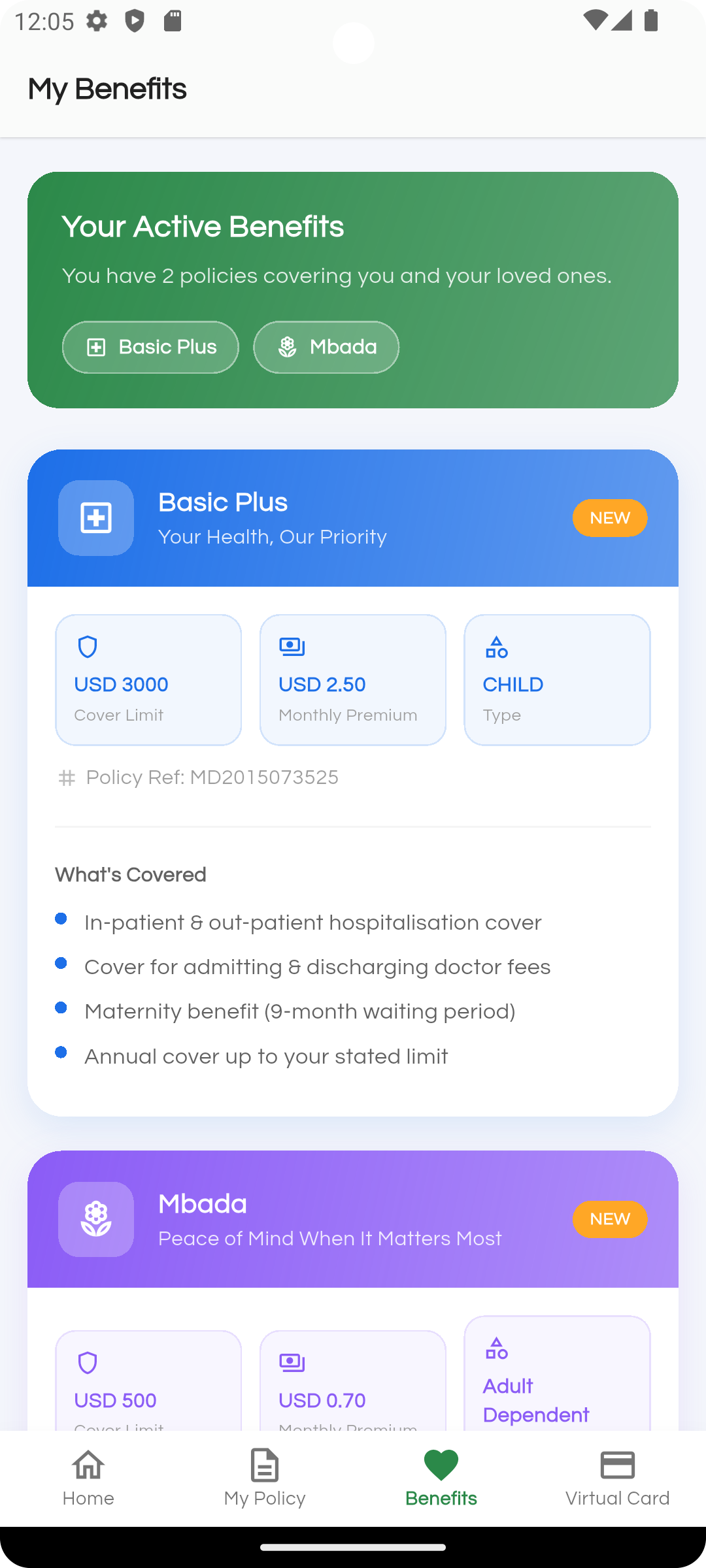 My Coverlink benefits screen showing active insurance benefits and coverage