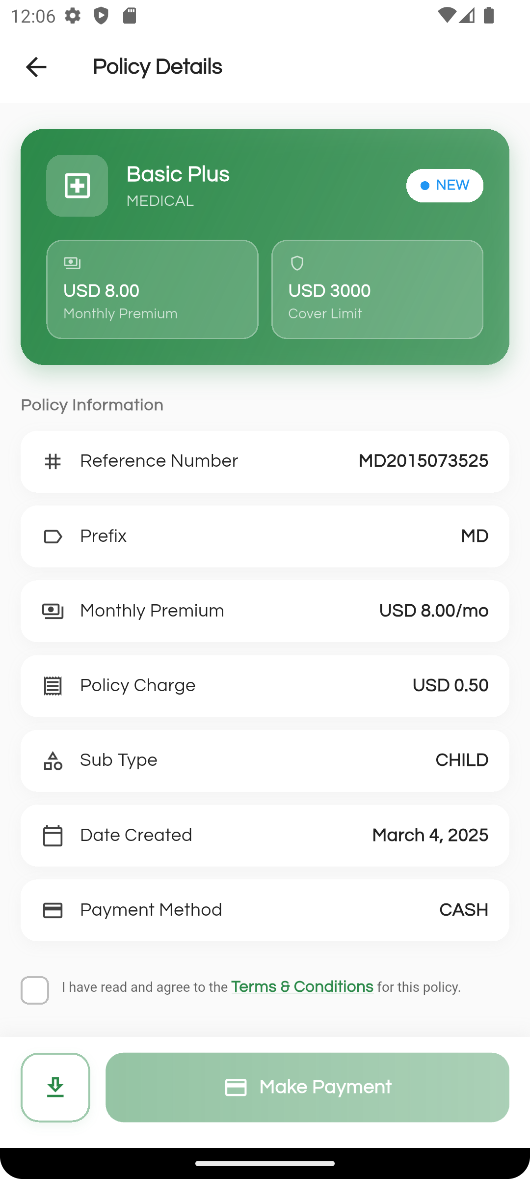 My Coverlink policy details screen with premium, cover limit, and payment action