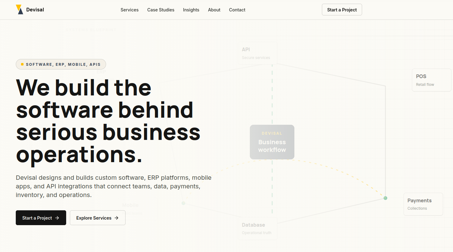 Devisal website presenting custom software, ERP, mobile, and API services