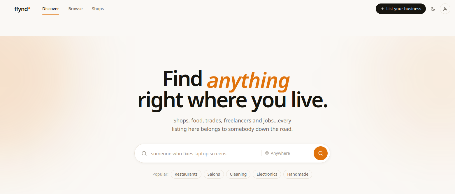 ffynd homepage with search for nearby shops, food, trades, freelancers, services, and jobs