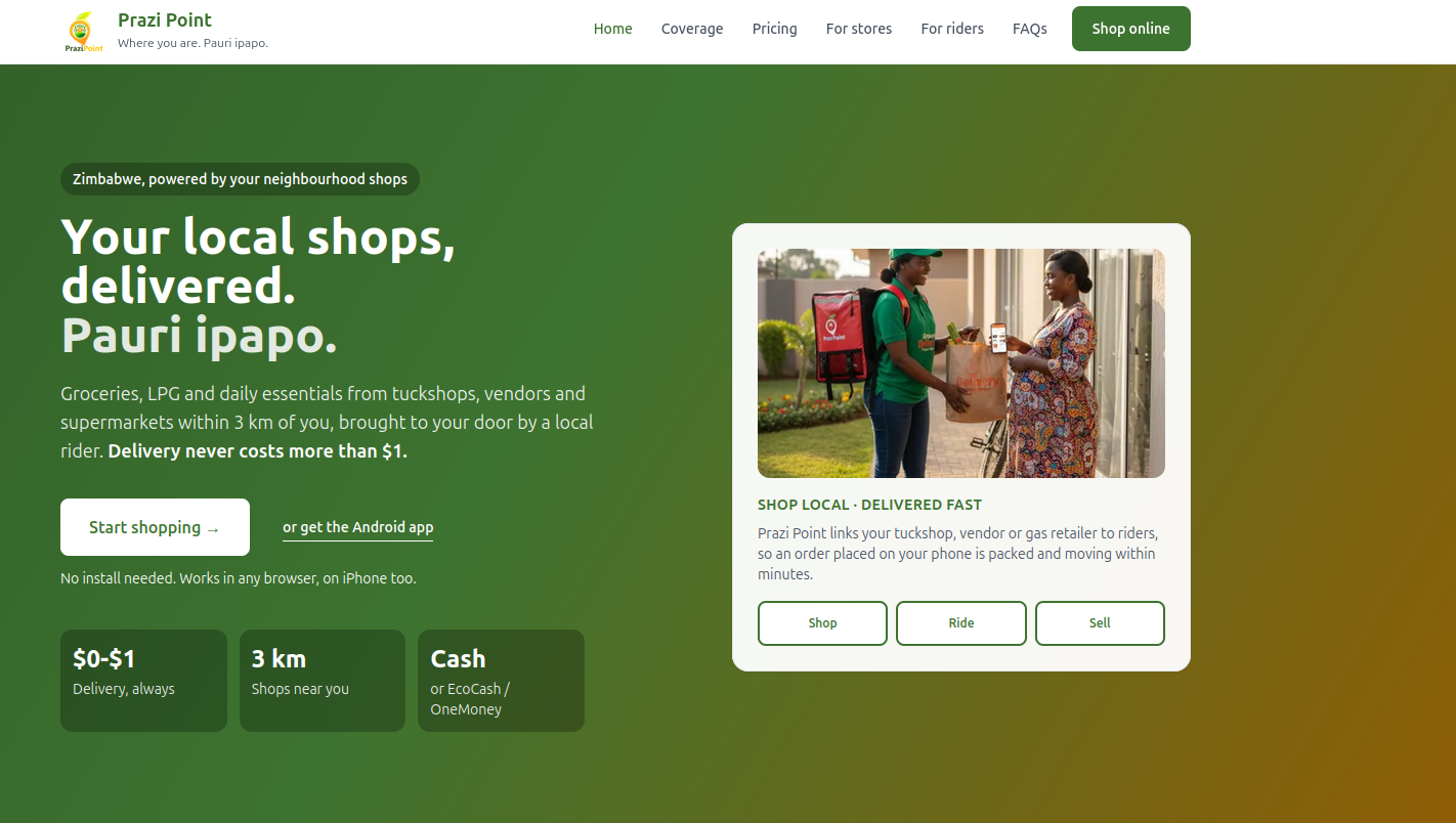 Prazi Point website showing its local shopping and delivery experience